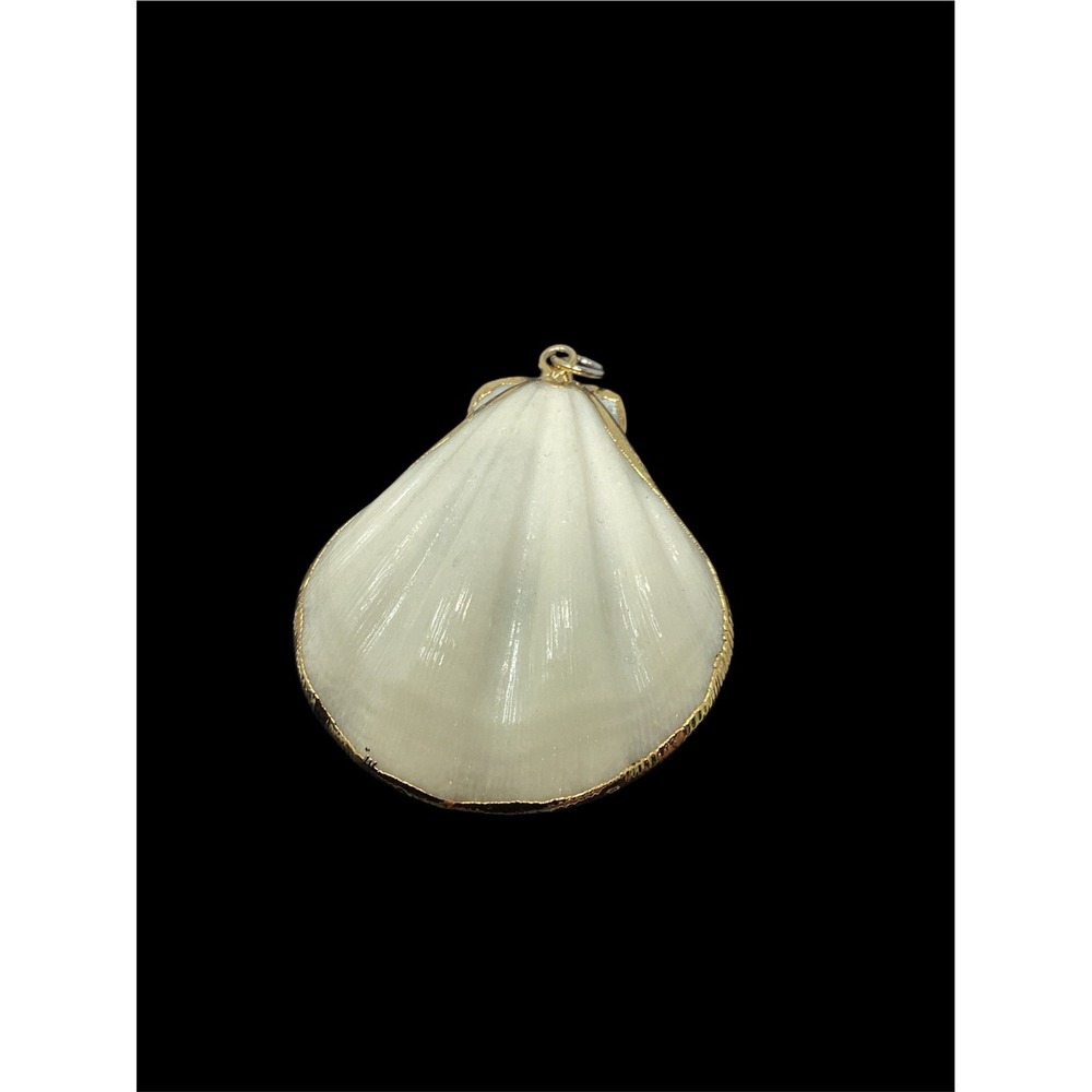 Vintage Genuine White Half Clam Shell Trimmed in Gold Tone Pendant Only 1 3/4"